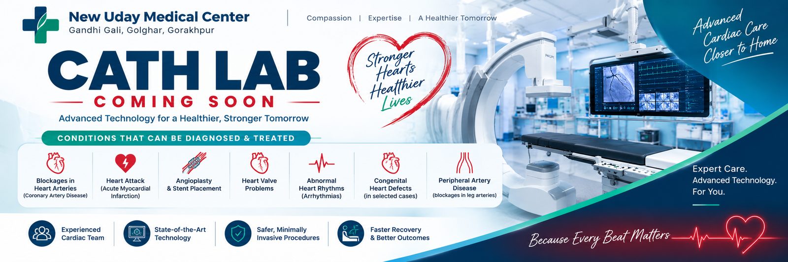 Cath Lab coming soon — advanced cardiac care for blockages in heart arteries, heart attack, angioplasty and stent placement, heart valve problems, abnormal heart rhythms, congenital heart defects and peripheral artery disease.